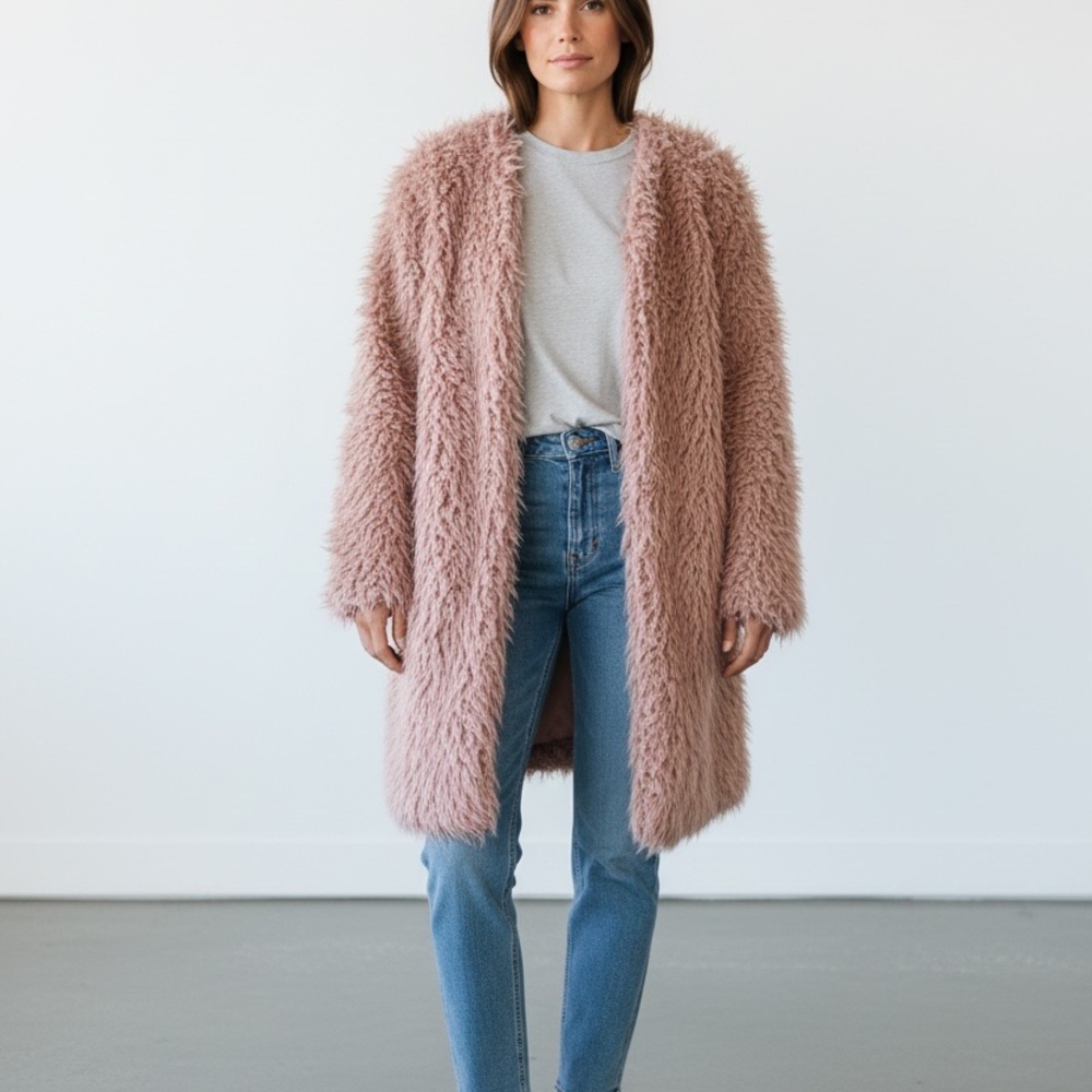 Women's Plush Faux-Fur Long Coat - Dusty Rose